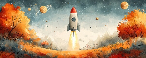 Wall Mural - cute rocket flying through colorful cosmic clouds in space