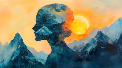 Poster - Serene Profile of a Woman Merging with Majestic Mountains and Radiant Sunrise in Colorful Abstract Art Depicting Nature and Tranquility
