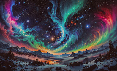 Poster - painting of a colorful sky with a large swirl of light. the sky is filled with stars and the colors 