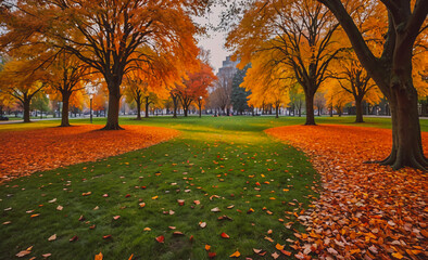 Poster - Park with trees and leaves on the ground. The leaves are orange and yellow. There are many trees in the park