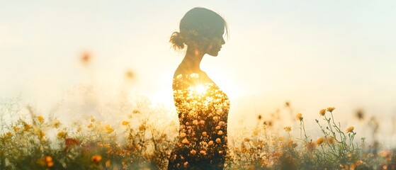 Poster - Serene Silhouette of a Woman Standing in a Sunlit Flower Field, Capturing the Essence of Nature and Peace During a Beautiful Sunset or Sunrise