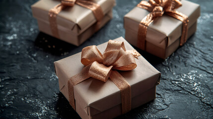 Poster - Luxurious and festive atmosphere created by elegant gift boxes adorned with brown kraft paper and sparkling gold ribbon on a dark stone surface