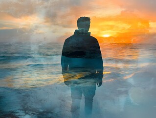 Aufkleber - Silhouette of a Man Standing by the Ocean at Sunset with Dreamy Overlay of Waves and Sky in a Multicolored Abstract Image