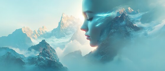 Poster - Ethereal Landscape with Mystical Mountains and Serene Female Profile Silhouette in Dreamy Color Palette Merging Nature and Human Imagination in Harmony