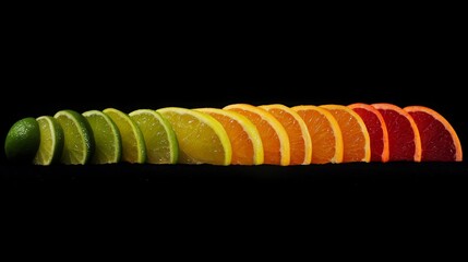 Aufkleber - A captivating lineup of citrus fruits flows in a gradient from lime to blood orange, showcasing their rich colors.
