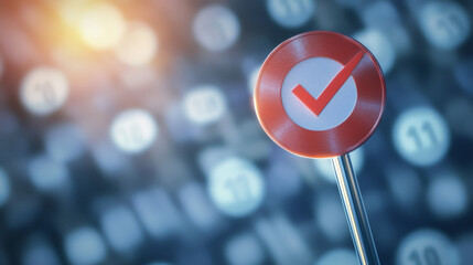 Poster - Blurred background of numbers with red check mark sign validating and approving choices, symbolizing data analysis and decision-making