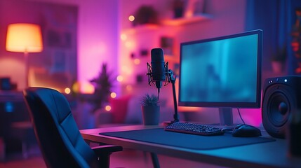 Poster - Neon-lit gaming setup with microphone, computer, and chair.