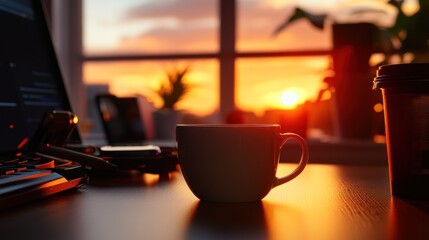 Poster - Sunrise Coffee Mug Workspace Laptop Sunset View