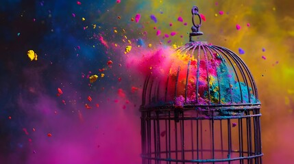 Wall Mural - colorful explosion inside metal birdcage freedom