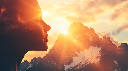 Poster - Silhouette of a Woman with Stunning Mountain Range and Vibrant Sunset Background, Capturing the Serenity and Beauty of Nature and Self-Reflection