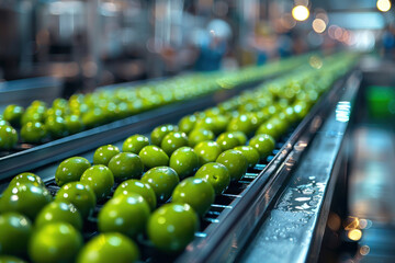 Wall Mural - Green olives on the conveyor belt in a modern factory.