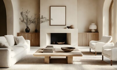 Wall Mural -  Scandinavian style home interior design of modern living room. Minimalist room with white furniture, fireplace, wooden accents and decorative branches in ceramic vase. 
