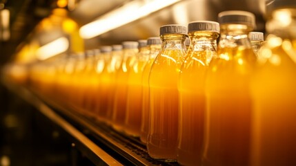 Fototapete - Bottles filled with freshly squeezed juice travel along a conveyor belt in a modern production facility. The vibrant orange liquid highlights the efficiency of the beverage manufacturing process.