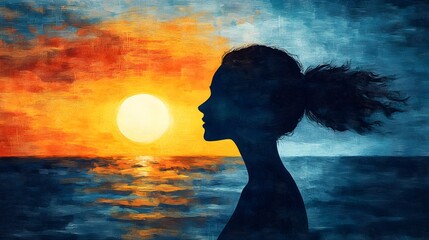 Poster - Profile of a Woman Silhouette Against a Dramatic Sunset Over the Ocean, Capturing the Essence of Peaceful Solitude and Natural Beauty in Vibrant Colors