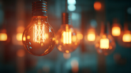 Poster - Vintage light bulb close-up with blurred background of illuminated bulbs, evoking a cozy and welcoming ambiance