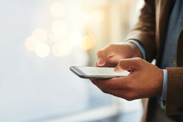 Poster - Network, hands and phone screen as mobile for communication, connection and update in mockup space. Person, technology and online for social media app, scroll and web for information as professional