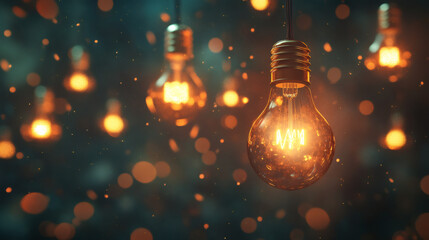 Poster - Light bulbs hanging and glowing in the dark, creating a warm and inviting atmosphere with bokeh effect
