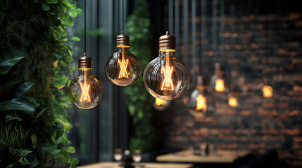 Poster - Cozy and inviting atmosphere created by warm lightbulbs in a modern restaurant with a green wall
