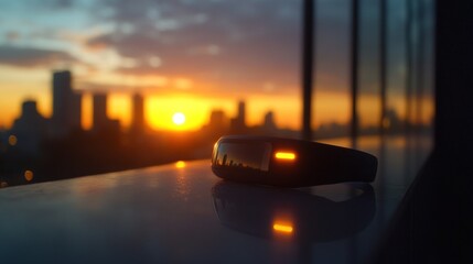 Poster - Fitness Tracker Silhouette At Sunset Cityscape