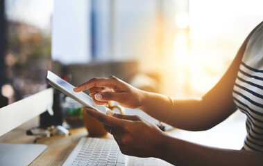 Poster - Business woman, tablet and hands with tech, ux design and creative agency with web designer. Desk, research and internet with social media, digital app and professional with website in office