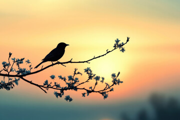 Poster - Solitude and Solitary. A silhouette of a bird perched on a flowering branch against a colorful sunset backdrop.