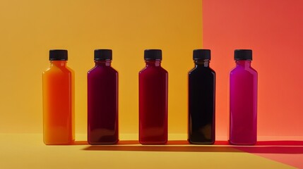 Poster - Brightly colored bottles filled with juice line up against a warm yellow and pink background. Each bottle showcases a unique hue, reflecting various fruit blends.