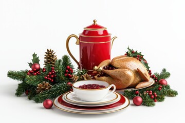 Wall Mural - Festive table setting with turkey, cranberry sauce, and red teapot, surrounded by Christmas decor on white background.