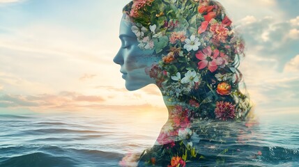 Poster - Ethereal Woman with Floral Hair Against Ocean and Sunset, Capturing the Essence of Nature's Beauty and Serenity in a Dreamlike Landscape