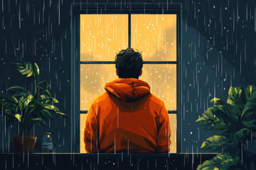 Wall Mural - Solitude and Solitary. A figure in an orange hoodie gazes out a rainy window, reflecting on a gloomy, yellow-lit sky, surrounded by indoor plants.