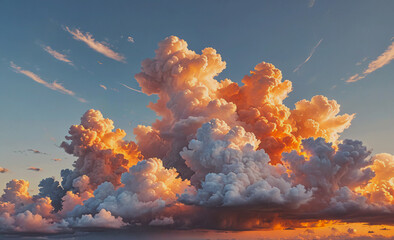 Poster - Large cloud of white and orange clouds in the sky. The clouds are very fluffy and look like they are about to rain