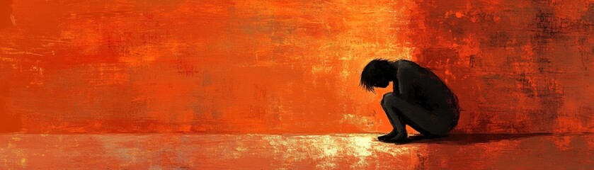 Poster - A silhouette of a person in a crouched position against a warm, textured orange background.