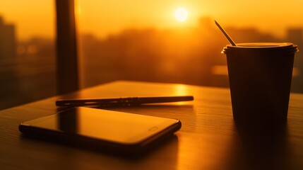Poster - Sunset Silhouette Cityscape Coffee Smartphone Pen