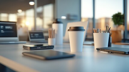 Aufkleber - Modern Office Workspace With Tech Devices And Coffee
