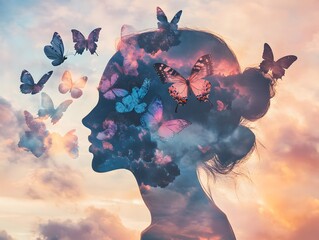 Aufkleber - Enchanting Profile Silhouette of a Woman Surrounded by Colorful Butterflies Against a Dreamy Sky Filled with Clouds and Soft Hues of Sunrise or Sunset