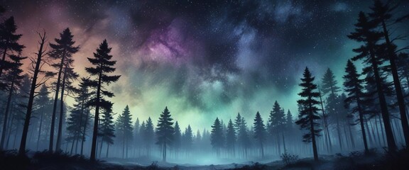 Wall Mural - Mystical watercolor illustration of magical night sky and forest, peaceful, tranquil