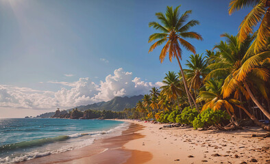 Poster - Beach with palm trees and a blue ocean. The palm trees are green and yellow. There are people on the beach