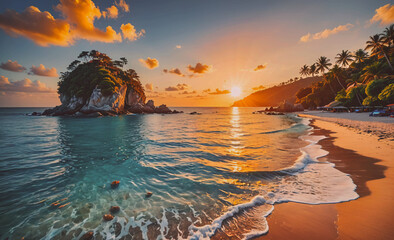 Fototapete - Beautiful beach with a small island in the middle of the ocean. The sun is setting and the water is calm