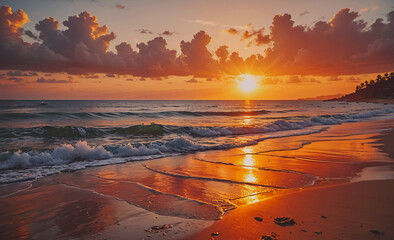 Poster - The sun is setting over the ocean. The water is calm and the sky is cloudy. The beach is empty
