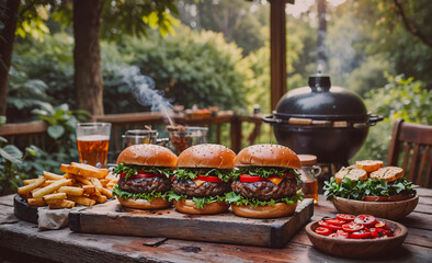 Poster - Three hamburgers are on a wooden table with a grill and a bowl of fries. There are also three glasses of beer and a bowl of salad
