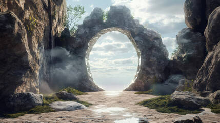 Aufkleber - Sunlight streams through a circular opening in a rock formation, illuminating a misty path and creating a dramatic, otherworldly scene