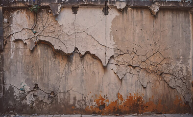 Poster - Wall with cracks and holes in it. The wall is made of concrete. There is a plant growing out of the wall