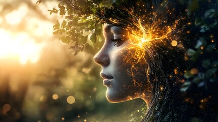 Aufkleber - Enchanted Forest Portrait of a Young Woman with Glowing Elements Expressing Nature and Tranquility in a Dreamlike Atmosphere Surrounded by Ethereal Light and Leaves