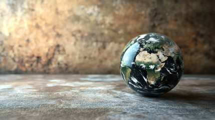 Poster - Glass globe showcasing earth's continents and swirling clouds, resting on a textured surface, symbolizing environmental awareness and conservation efforts