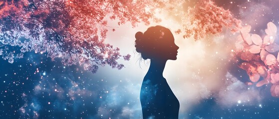 Poster - Enchanting Silhouette of a Woman Against a Dreamlike Background of Stars, Trees, and Ethereal Light with Floral Elements and Vivid Colors