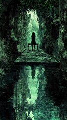 Wall Mural - A silhouette sits on a bench in a mystical, green-lit canyon reflecting in still water.