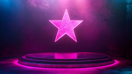 Poster - Pink neon star illuminating empty podium in dark smoky room with dramatic lighting, perfect for product placement or presentations