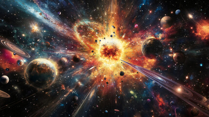 Poster - Colorful cosmic explosion creating a new galaxy with planets and stars in the universe