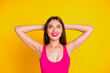 © deagreez - Enjoy your life Close up photo portrait of beautiful cheerful lovely attractive with decollete cleavage lady keeping holding hands behind head planning imagine resort isolated bright vivid background