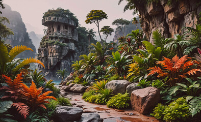 Poster - Lush jungle with a river running through it. The river is surrounded by rocks and plants. The trees are green and the leaves are orange