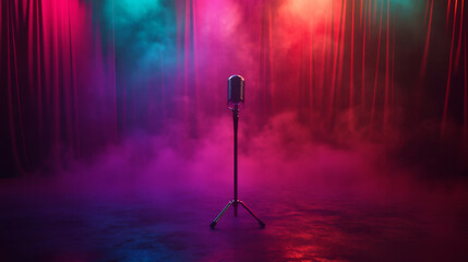 Poster - Vintage microphone on a smoky stage illuminated by vibrant teal and red lights sets the stage for a dramatic performance